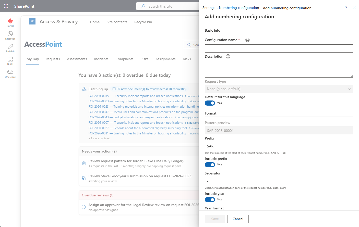 The numbering editor — prefix, separator and year options with the live pattern preview