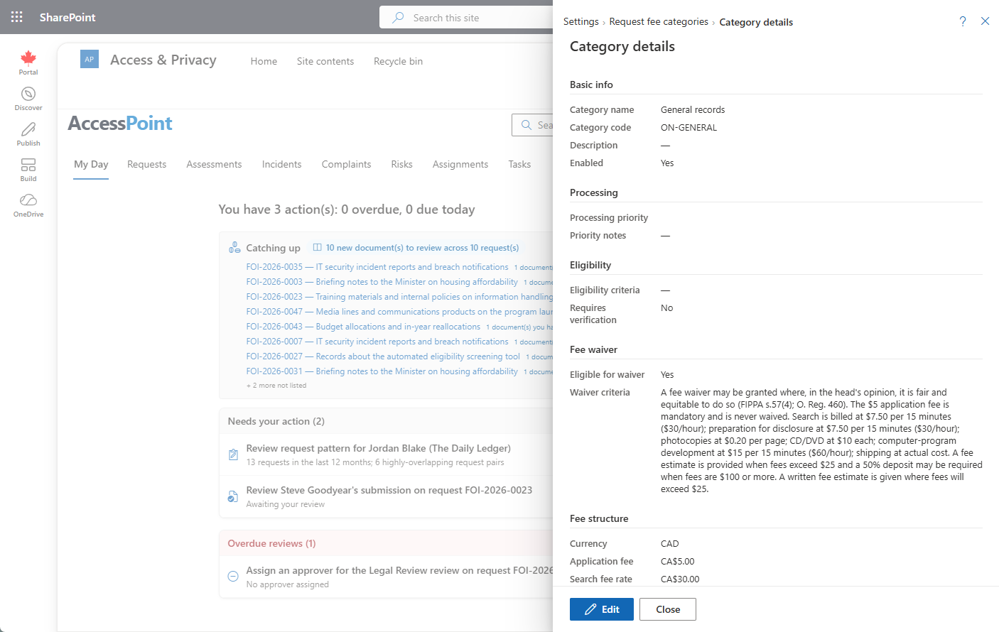 the details view for one fee category — eligibility, waiver criteria, and the fee structure