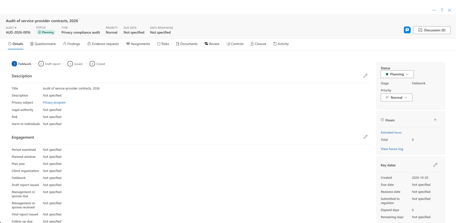 The Details tab of an audit, with the Description and Engagement cards