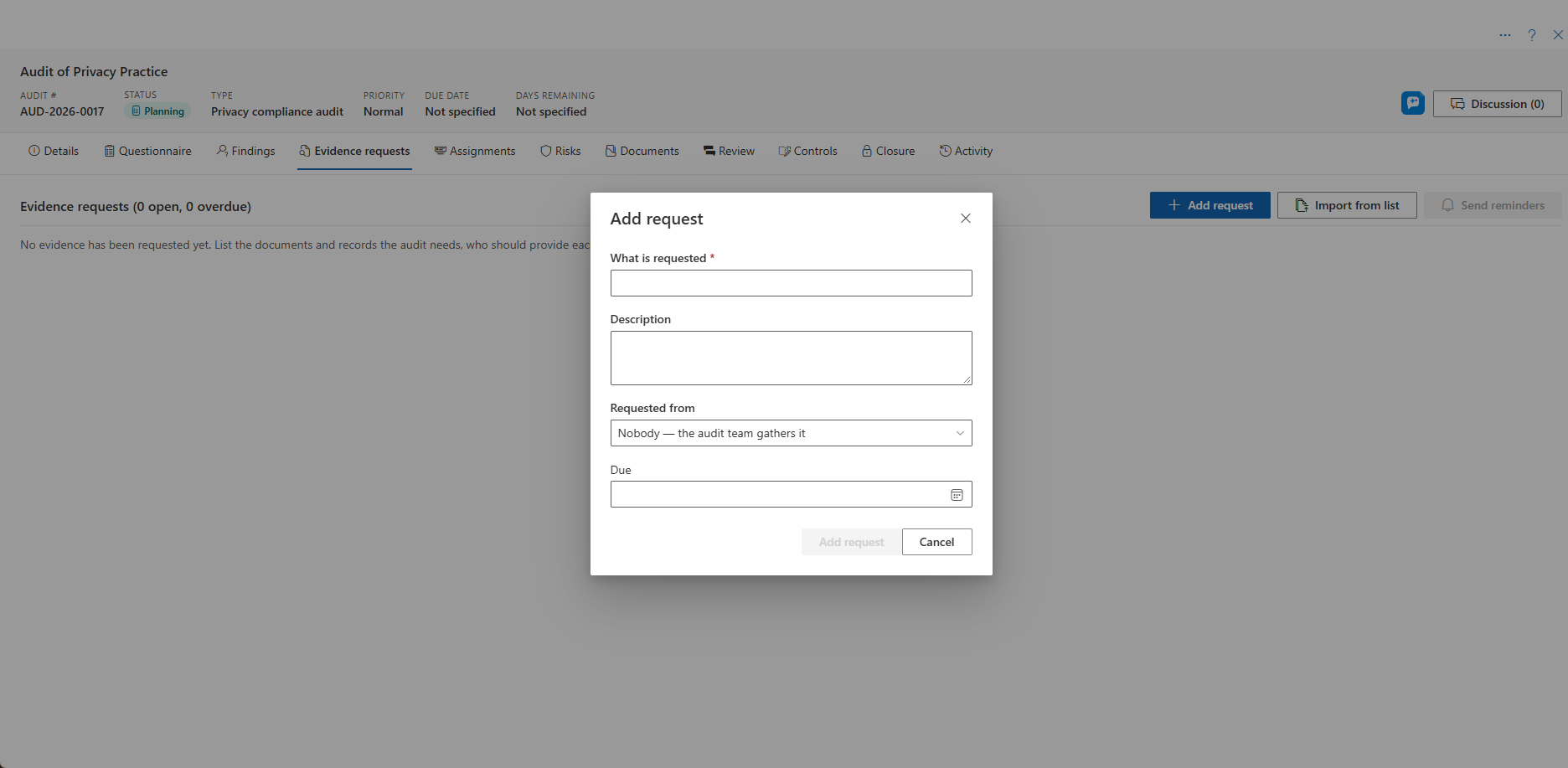 The Add evidence request dialog