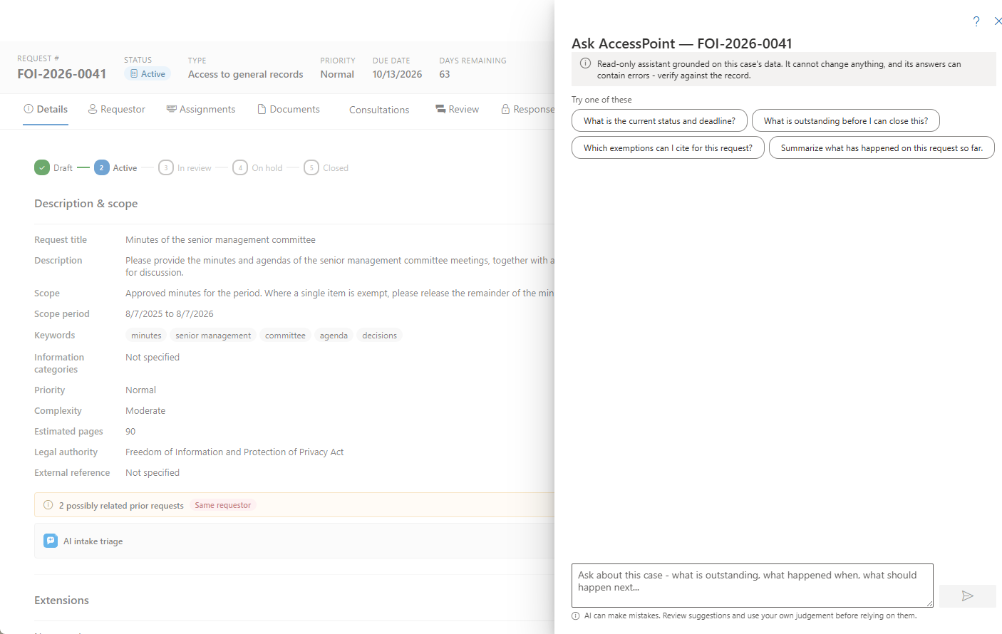 Het Ask AccessPoint-paneel bij het openen, met voorgestelde vragen