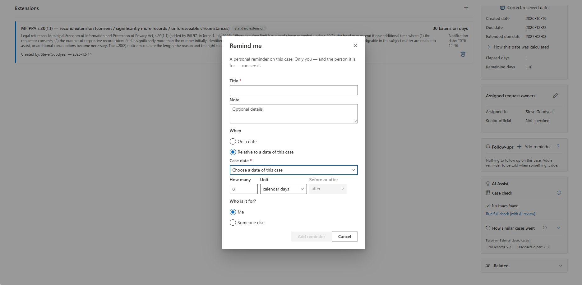 The Remind me dialog: a title, a note, when, and who it is for