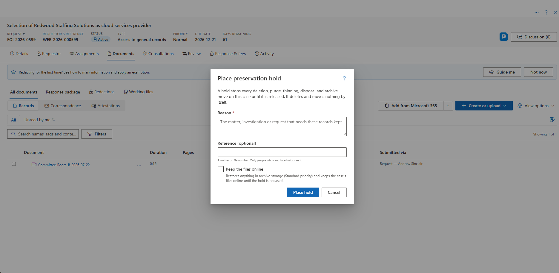 The Place preservation hold dialog with the reason, reference and Keep the files online