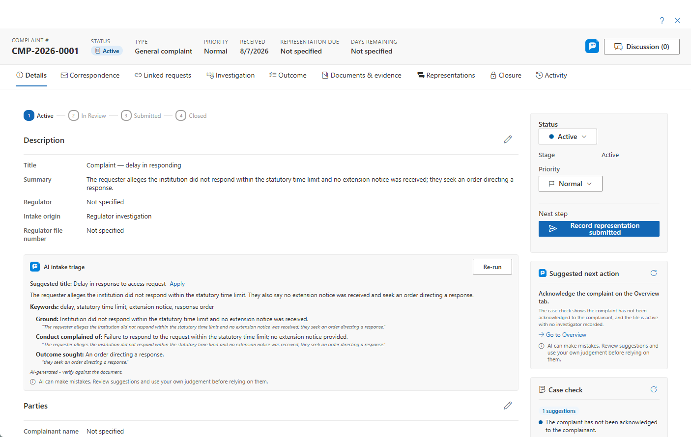 AI intake triage card on a complaint