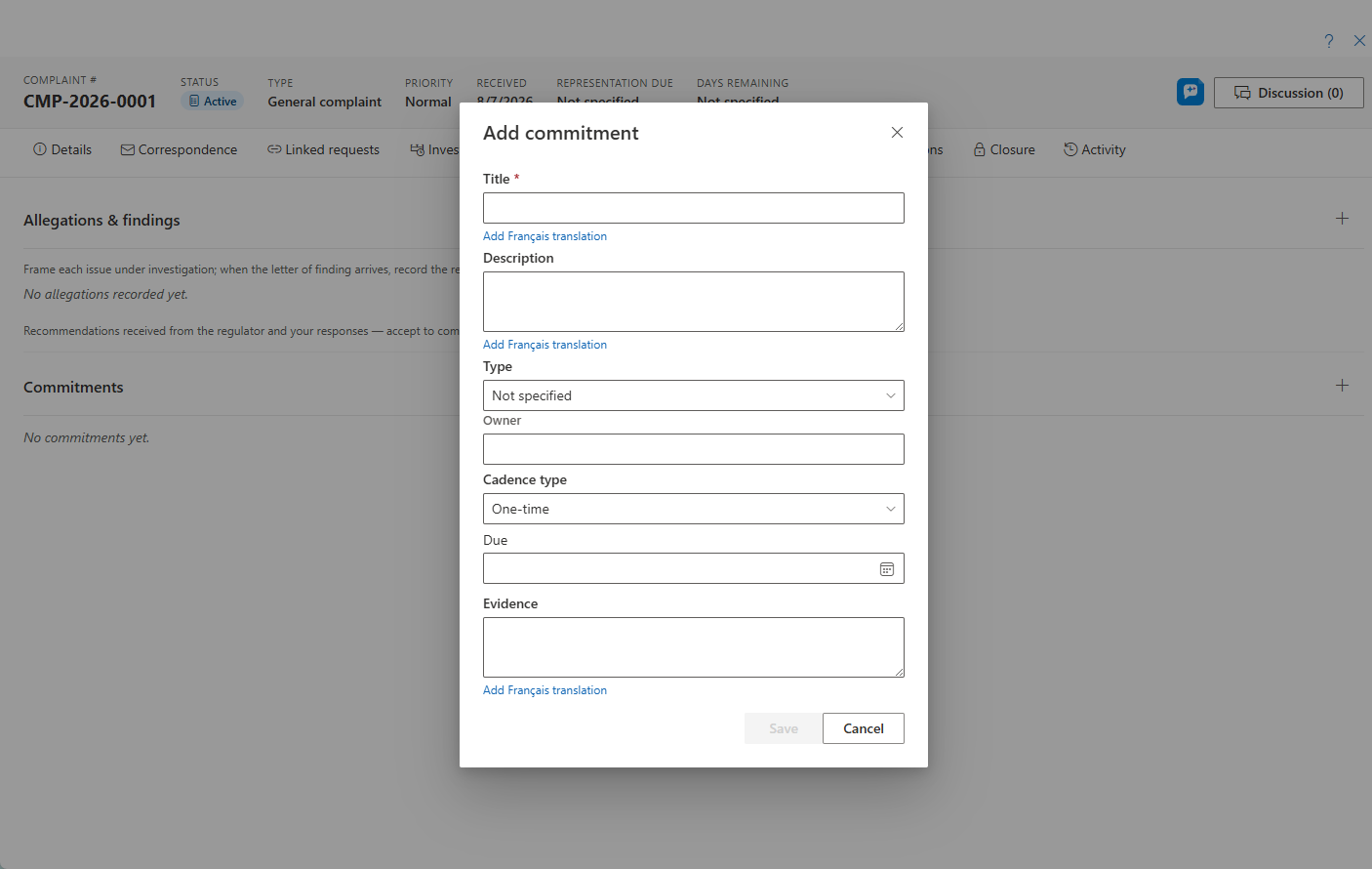 The Add commitment dialog — recommendations are tracked as commitments with an owner, cadence, due date, and evidence