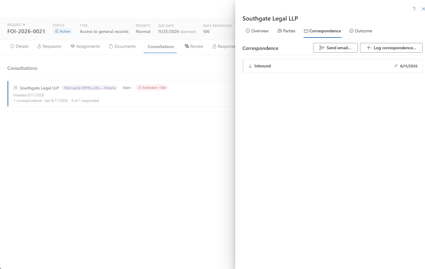 The consultation’s Correspondence tab, with Send email and Log correspondence