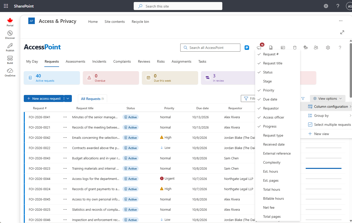 Il menu Opzioni visualizzazione (⋯) aperto sulla configurazione delle colonne