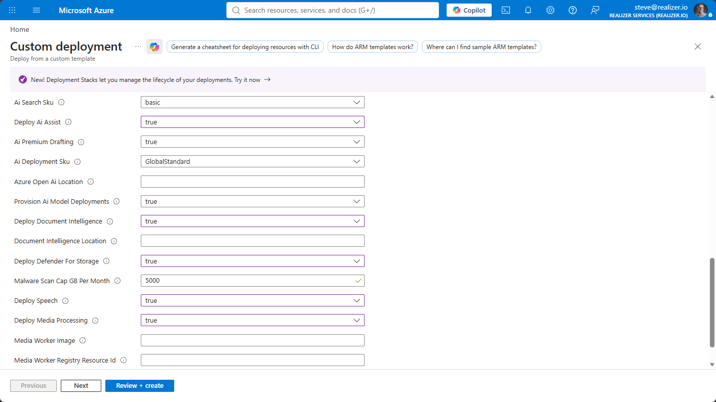The optional capabilities on the Deploy to Azure form