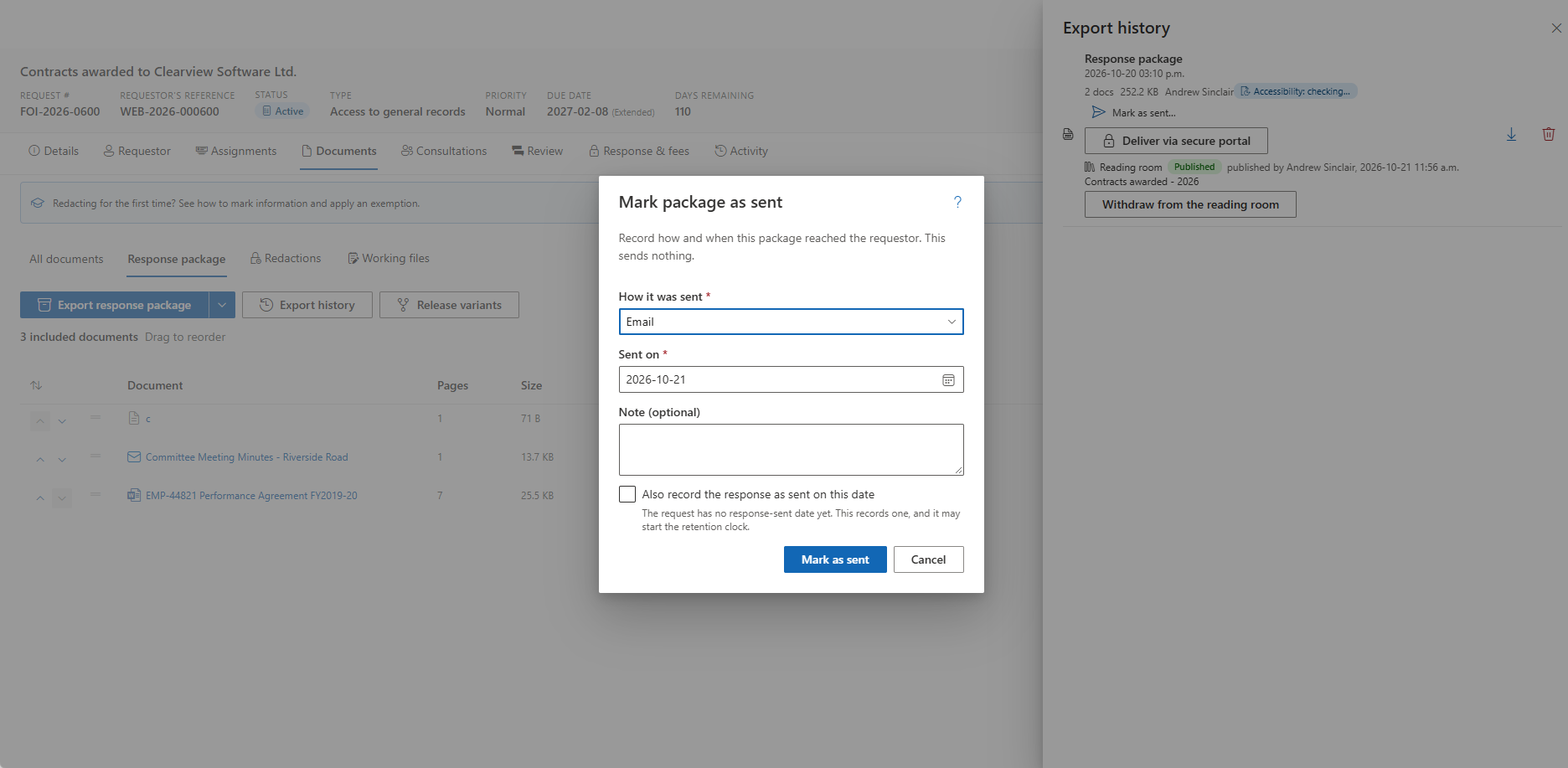The Mark package as sent dialog