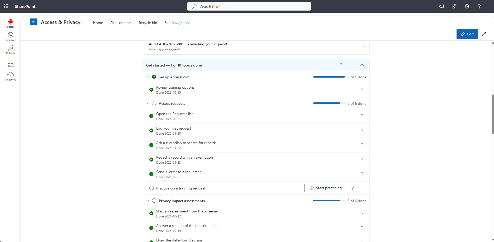 The Get started group on My Day with the Access requests topic open