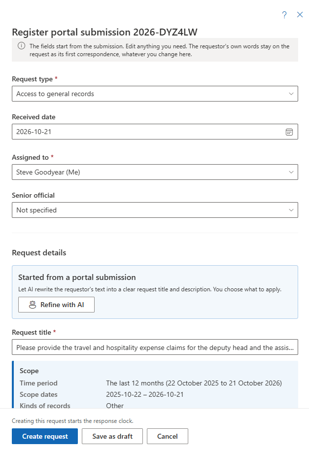 The Register portal submission panel, filled in from the submission