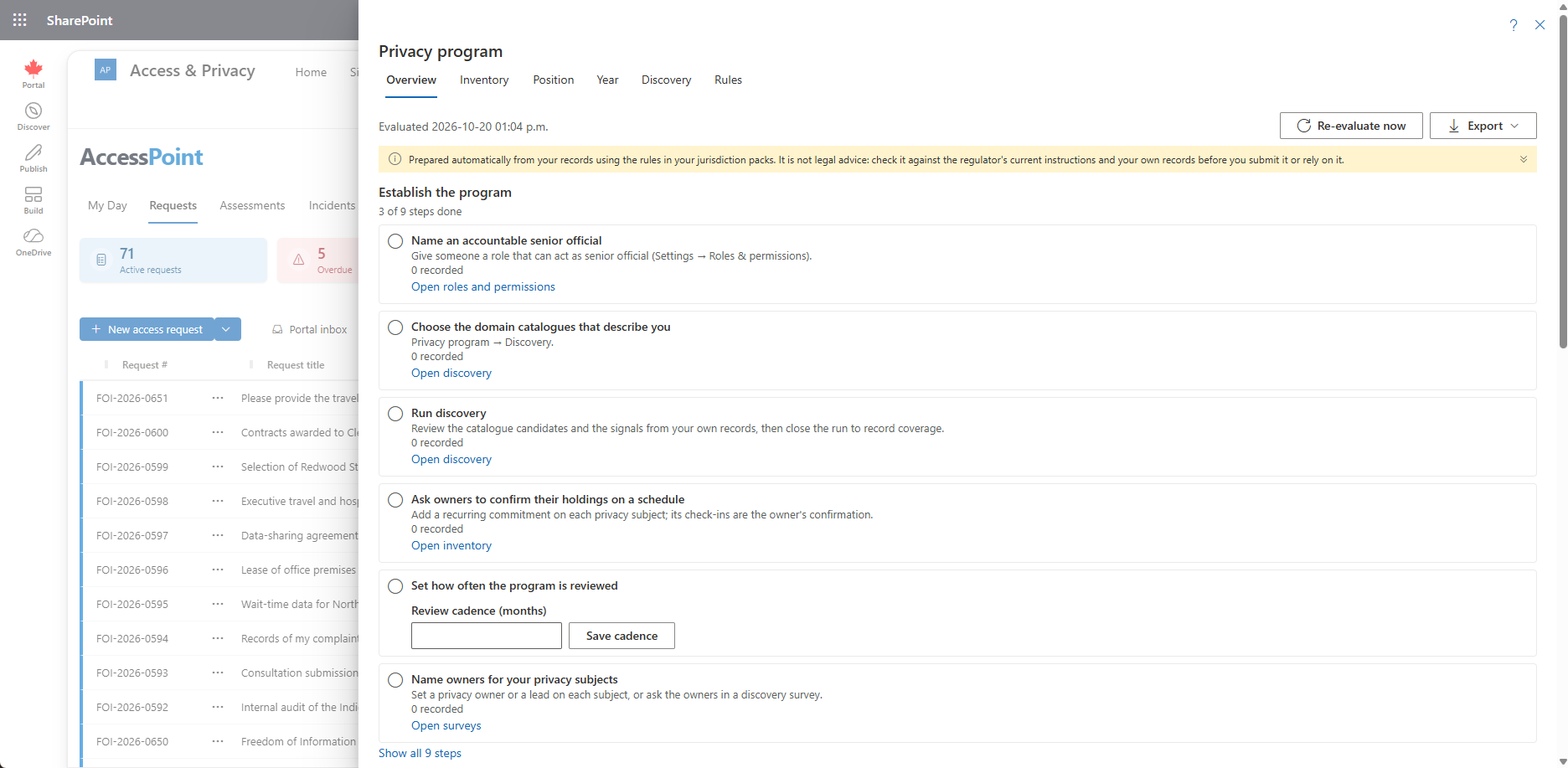 The Overview area of the privacy program, with the setup checklist