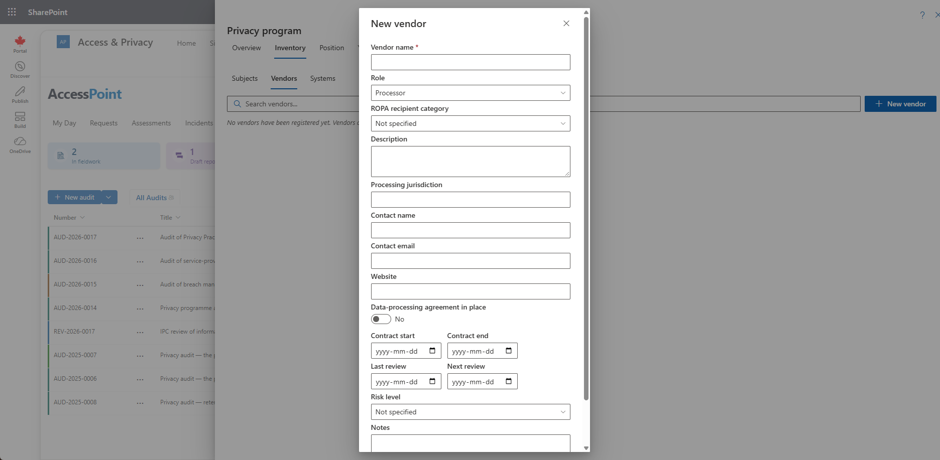 The New vendor dialog