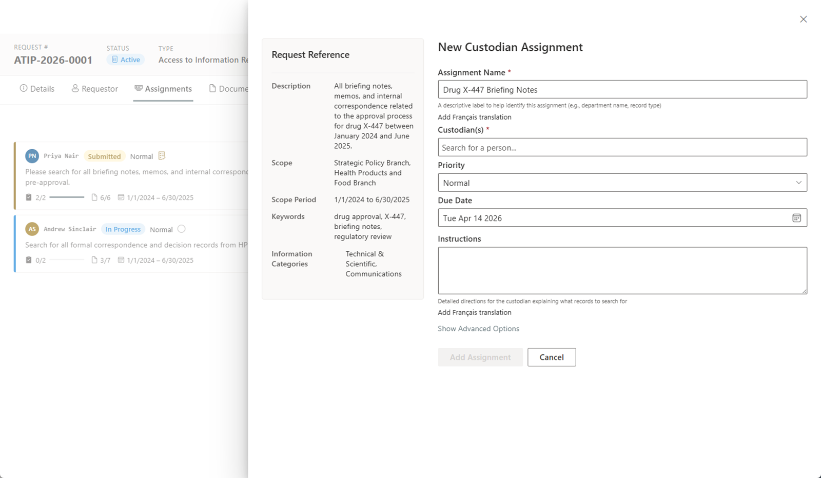 Add Assignment form