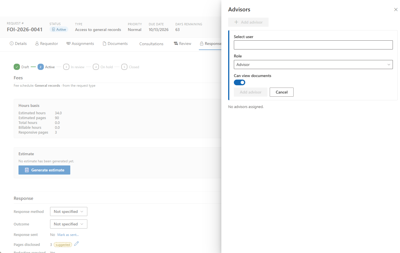 Adding an advisor, with the role and the document-visibility choice