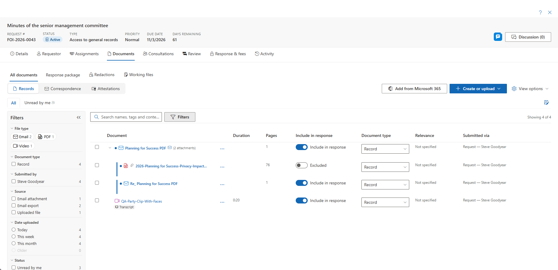 An email family with its extracted attachments