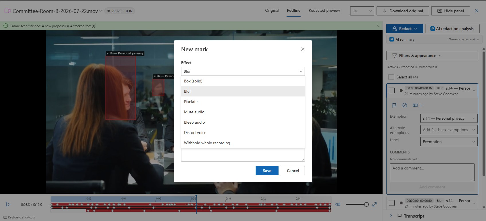 The New mark dialog with the effect list open