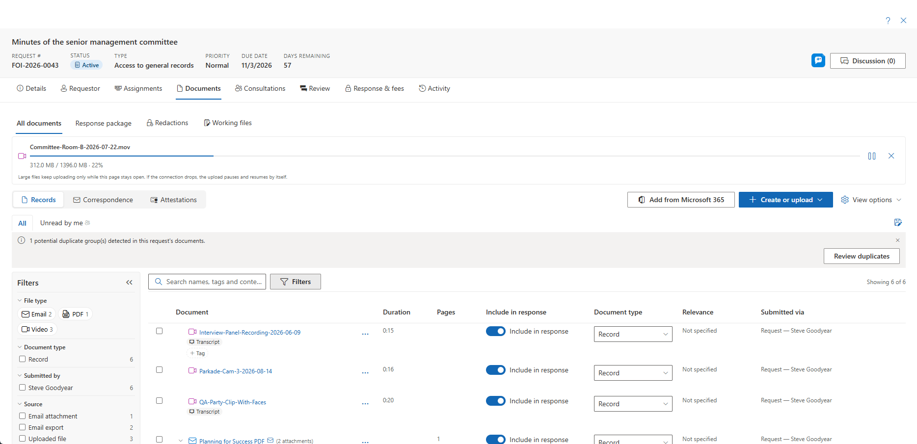 Recordings in the Documents tab, filtered to the Video facet