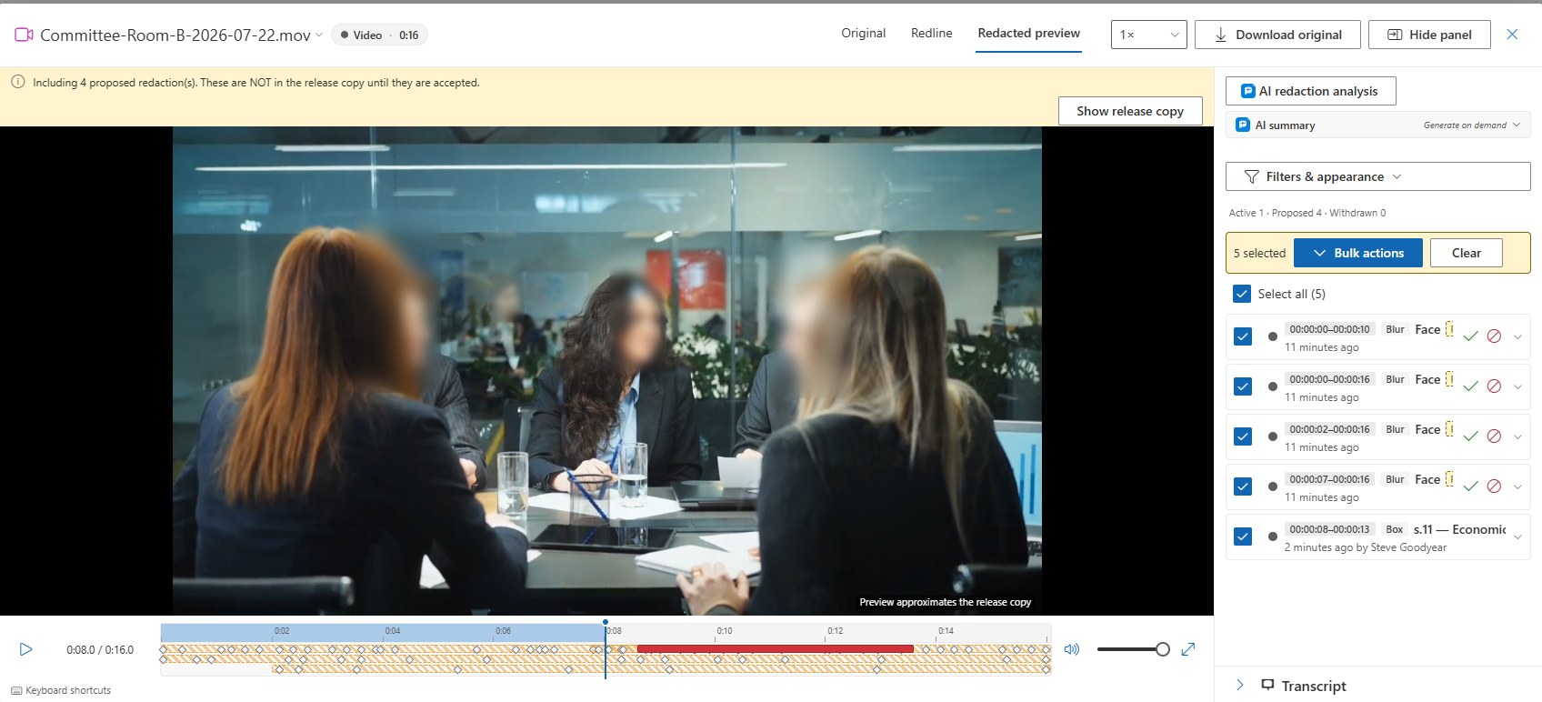 Redacted preview with blurred faces and the burned caption