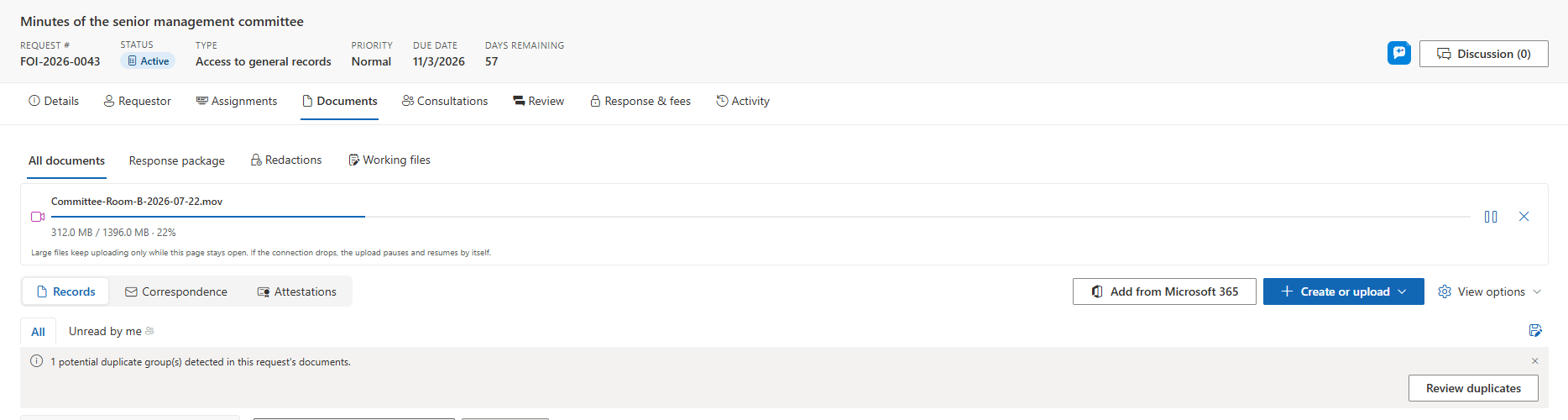 The Upload queue panel with a large file uploading in resumable blocks