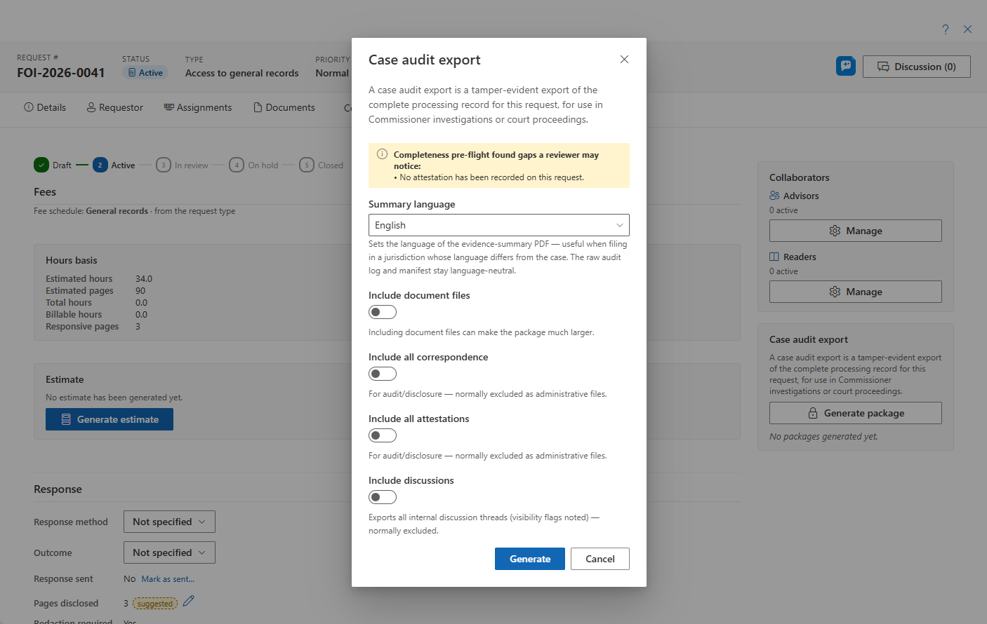 Case audit export completeness pre-flight