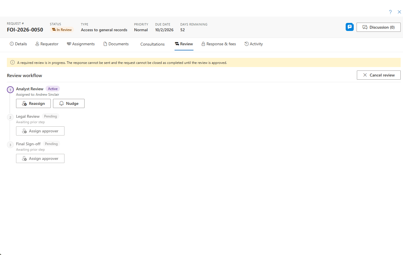 Review stepper — the coordinator's view, with assign, reassign, and nudge controls