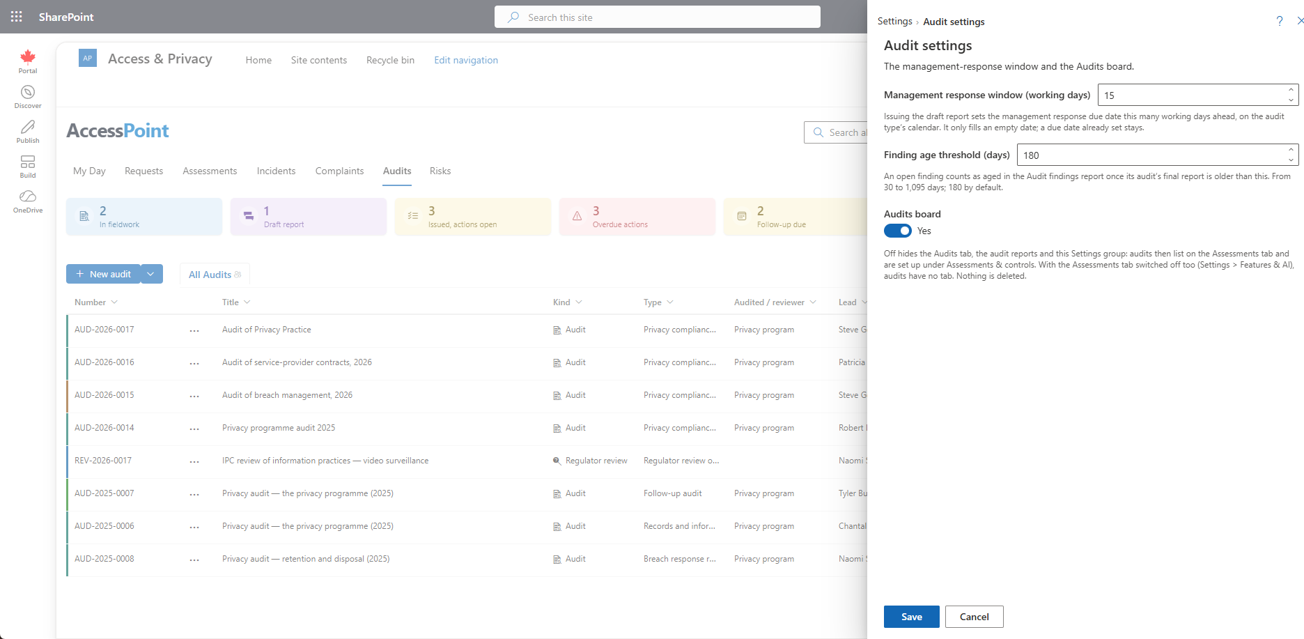The Audit settings panel