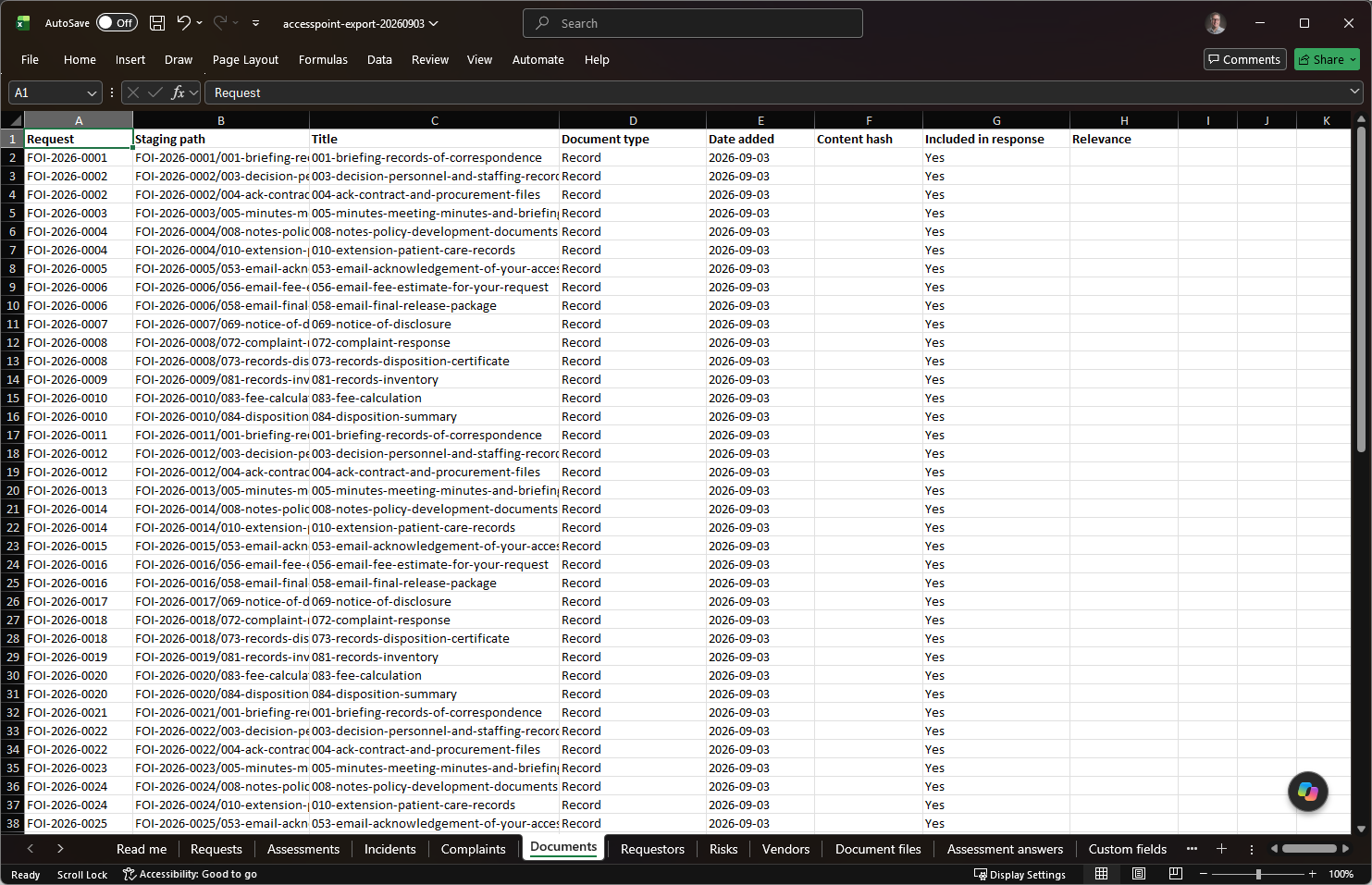 The Document files inventory tab of the export workbook