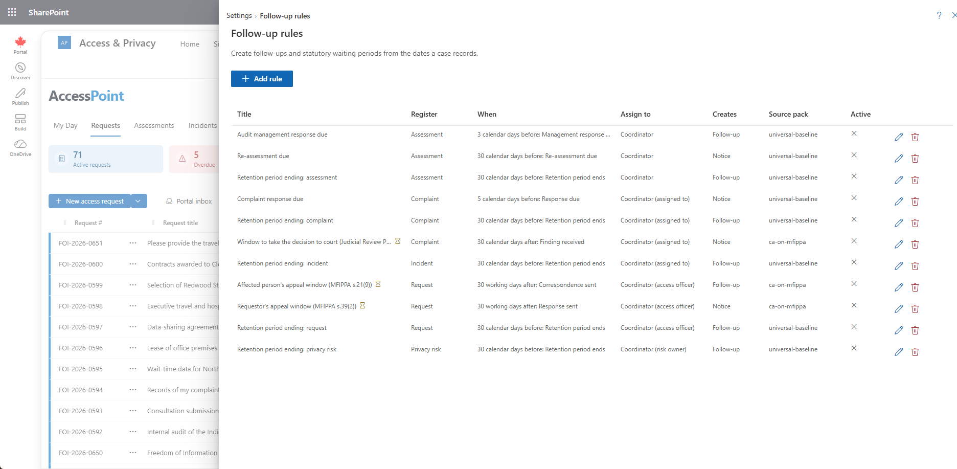 The Follow-up rules list with the rules from the jurisdiction packs