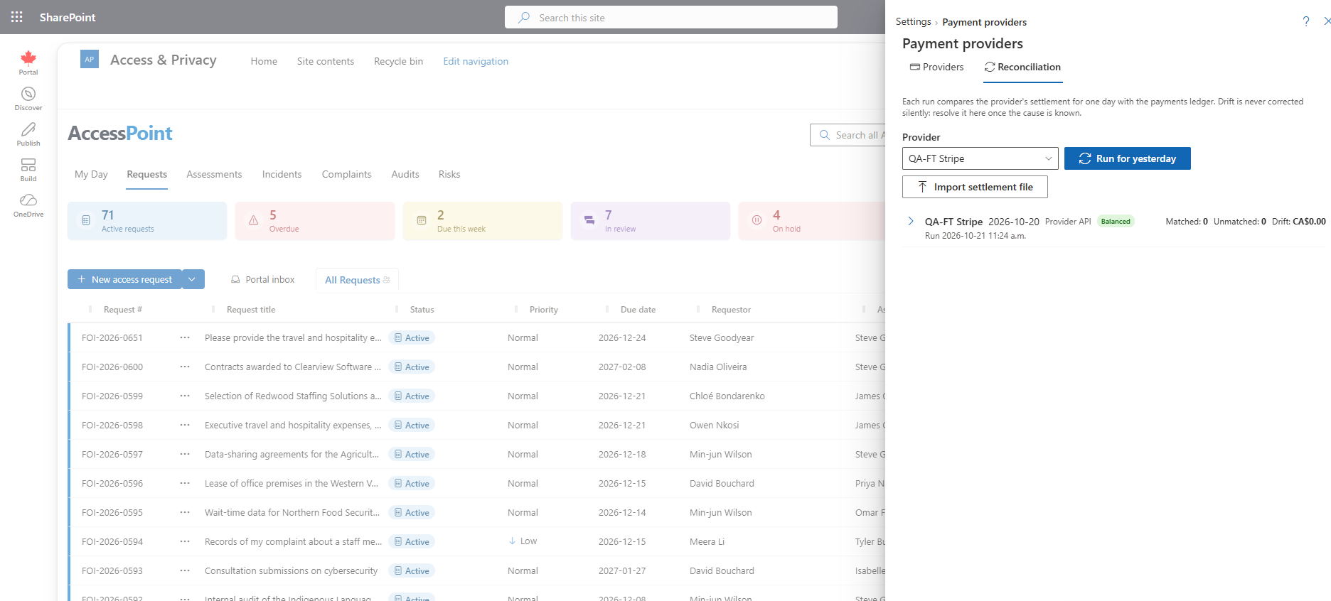 The Reconciliation tab with a balanced run for the Stripe provider