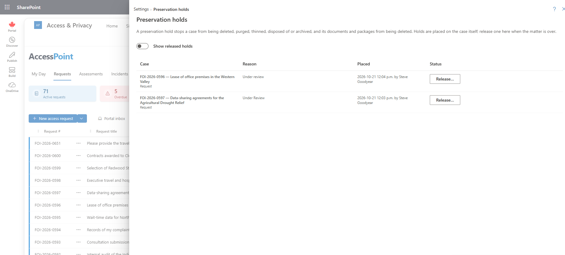 The Preservation holds page with two active holds and the Show released holds toggle