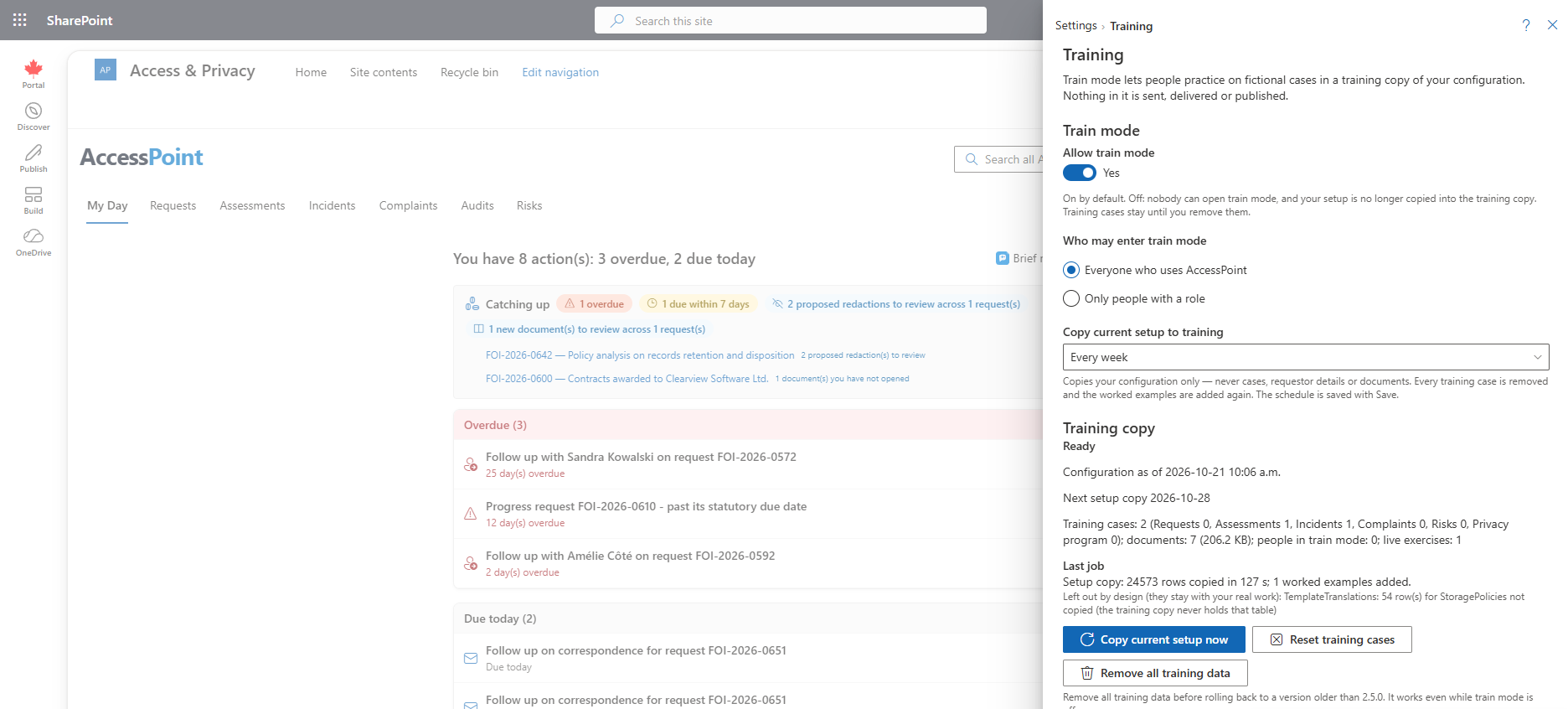 Settings → Training with train mode allowed and the training copy ready