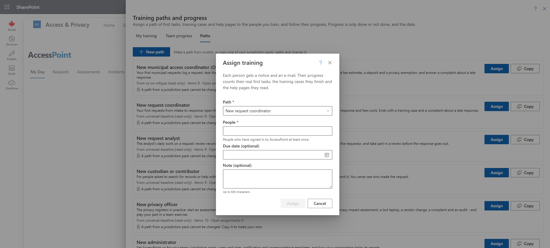 The Assign training dialog with a path, people, a due date and a note