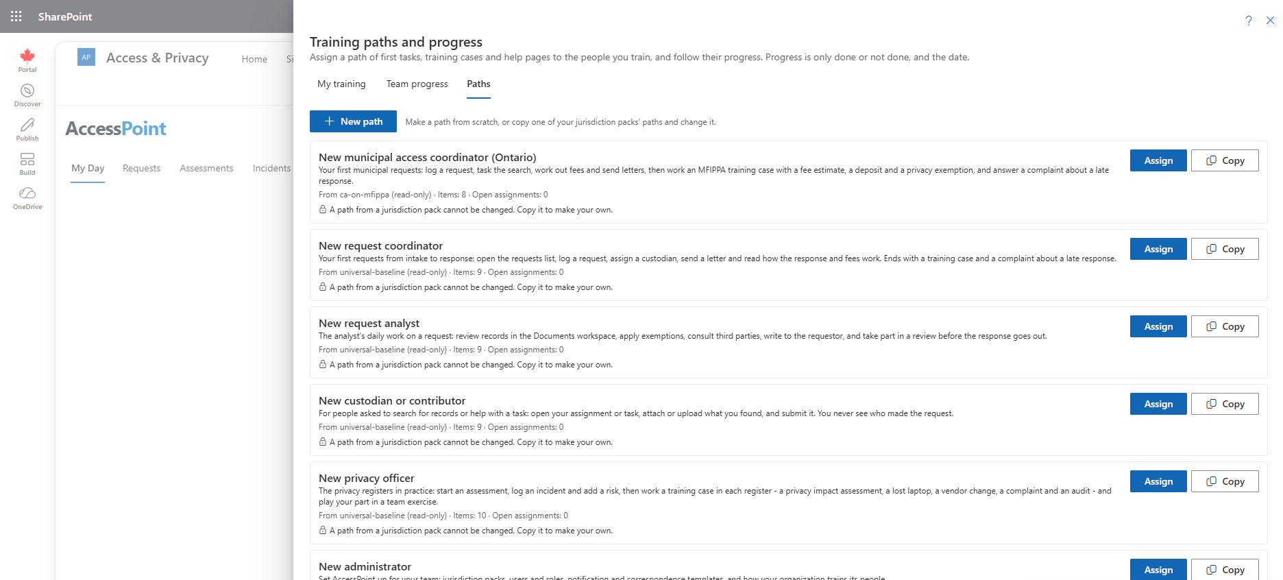 The Paths tab with the paths from your jurisdiction packs, each with Assign and Copy
