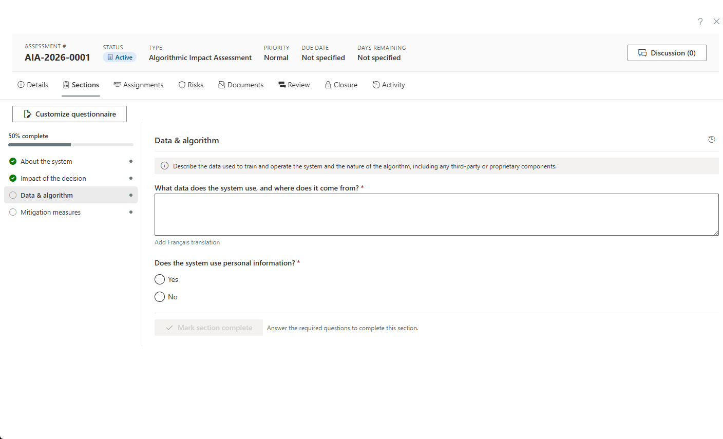 The questionnaire of an algorithmic impact assessment with sections on the system, impacts, data and algorithm, and mitigations