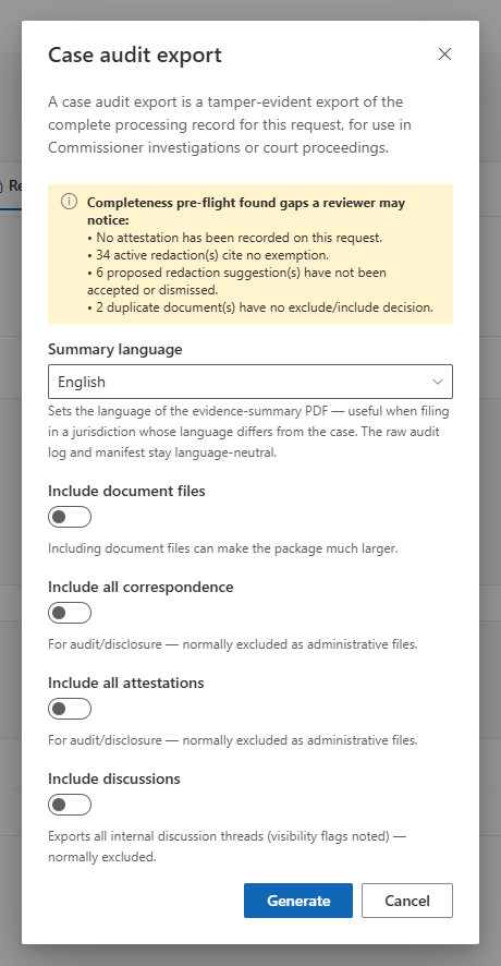 The case audit export dialog in AccessPoint, described as a tamper-evident export of the complete processing record for commissioner investigations or court, with a completeness pre-flight listing gaps such as redactions that cite no exemption