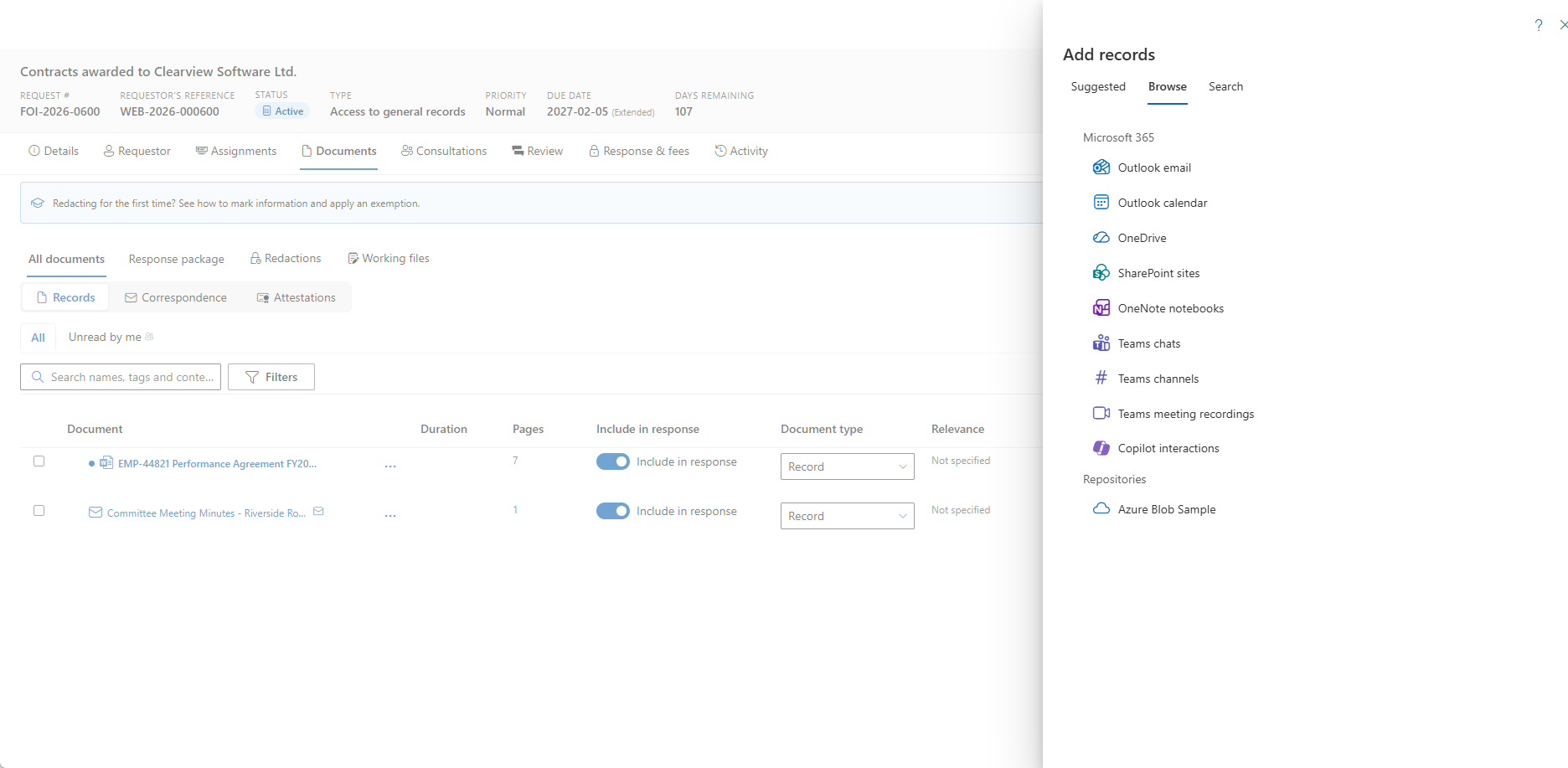 The Add records picker in AccessPoint with a Repositories group below the Microsoft 365 sources