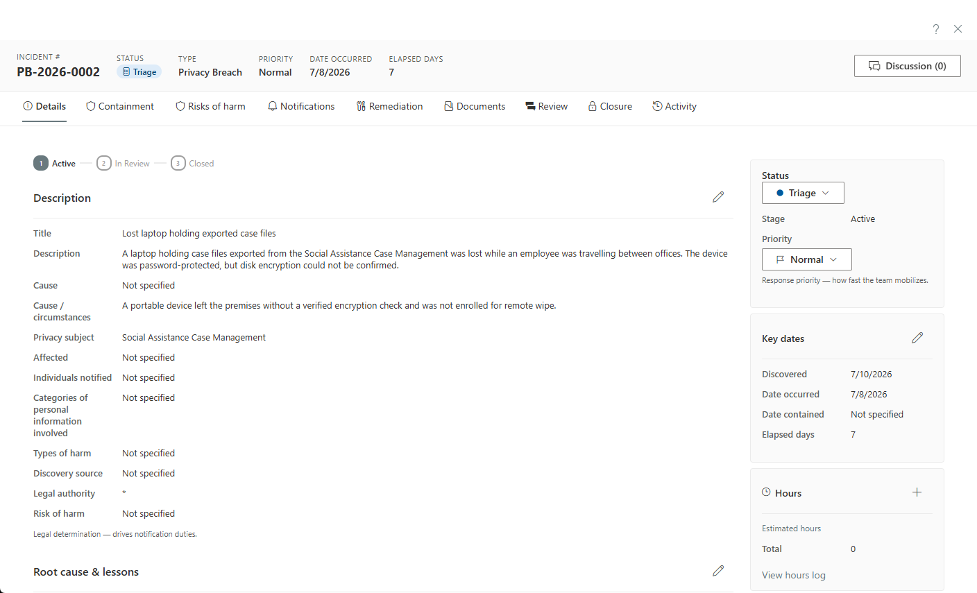 The incident intake form capturing what happened, the cause, the privacy subject and key dates