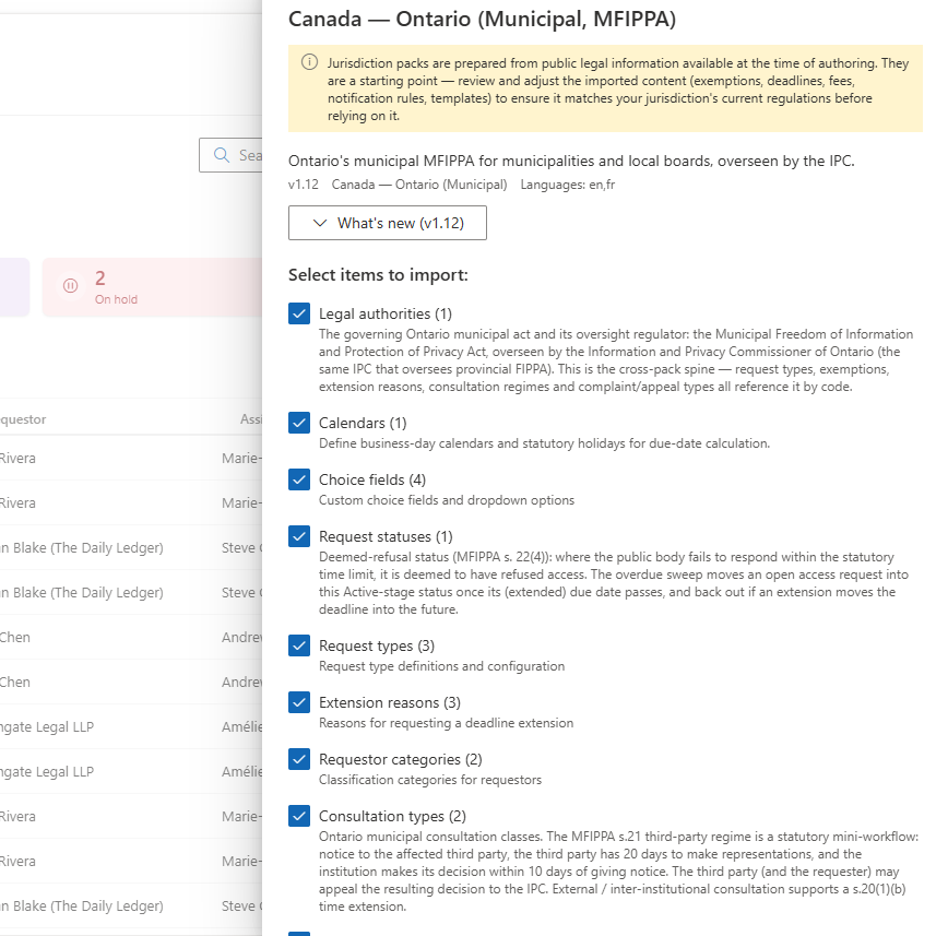 A jurisdiction pack's detail panel in AccessPoint settings, showing the pack description, version, what's new, and the checklist of items it imports: legal authorities, calendars, request statuses, request types, extension reasons, requestor categories and consultation types