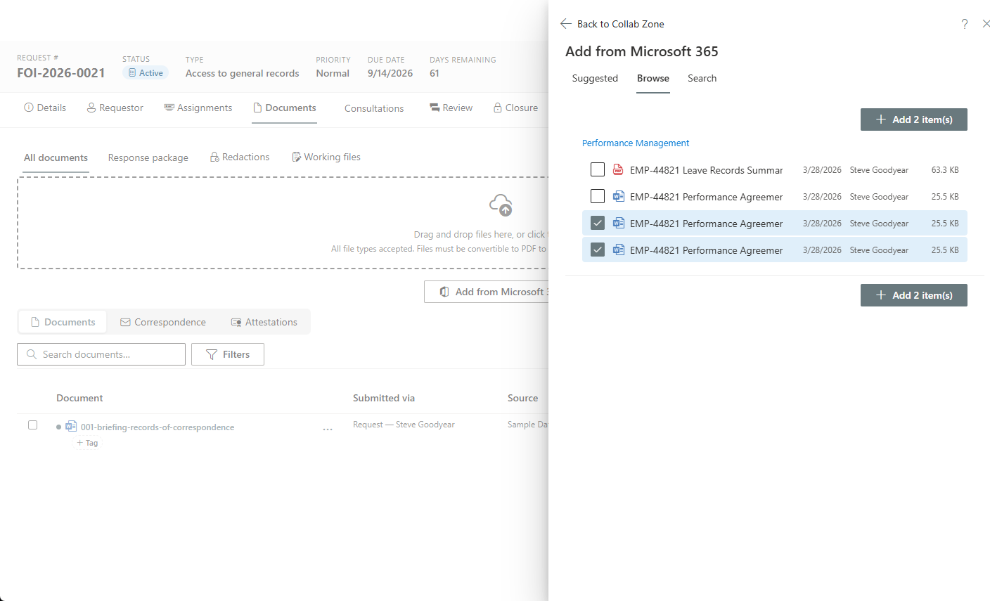 A SharePoint document library browsed from inside a request to capture responsive documents
