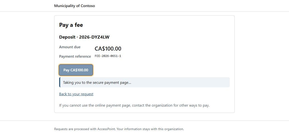 The portal's Pay a fee page with the amount due and payment reference