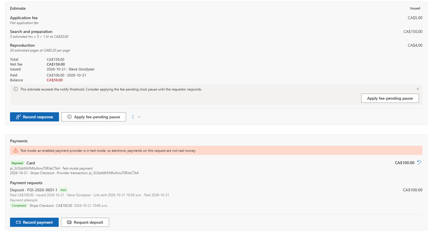A request's estimate and Payments section with a confirmed card payment and the paid deposit