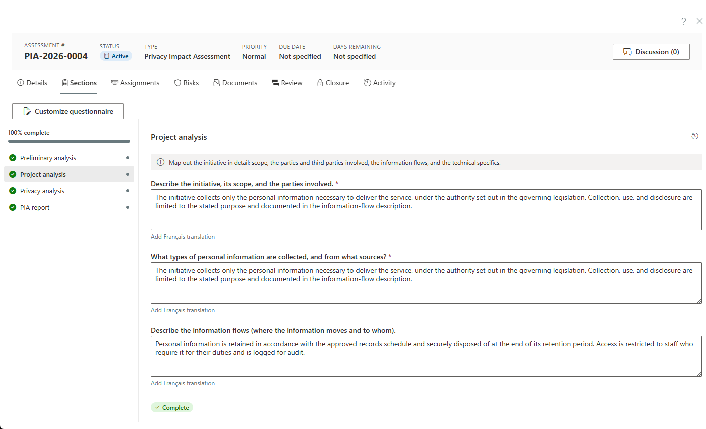 A privacy impact assessment questionnaire organized in sections on a customizable template