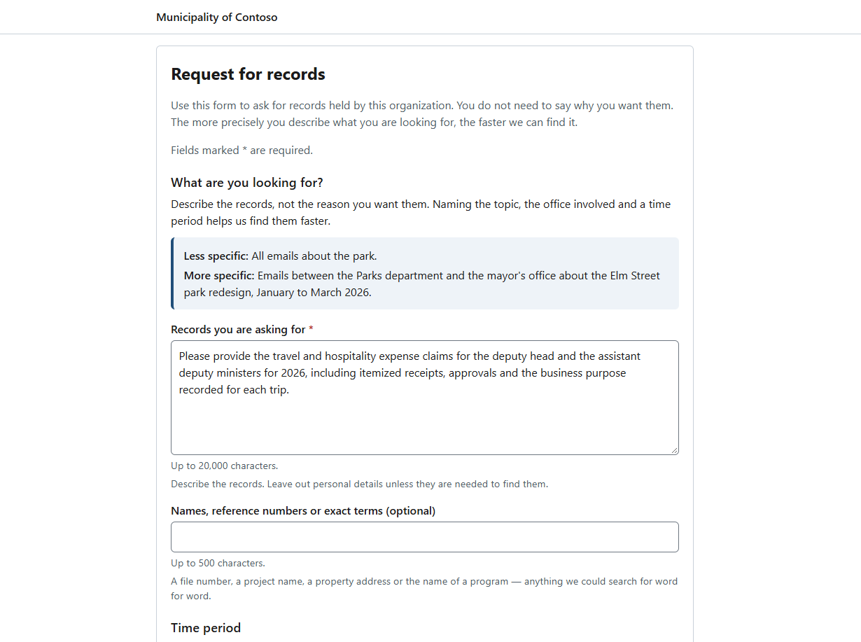 The portal's request form coaching the requestor to describe the records