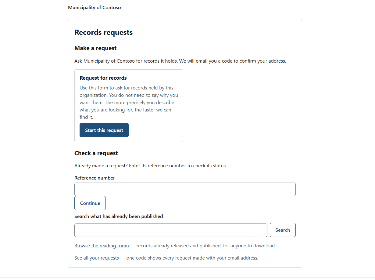 The public portal home page with Make a request, Check a request and search of what has been published