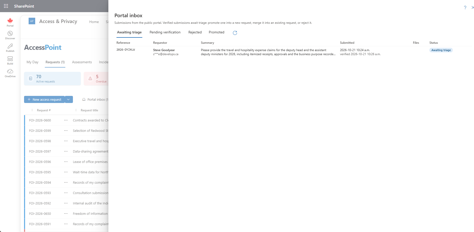 The Portal inbox in AccessPoint with a verified submission awaiting triage