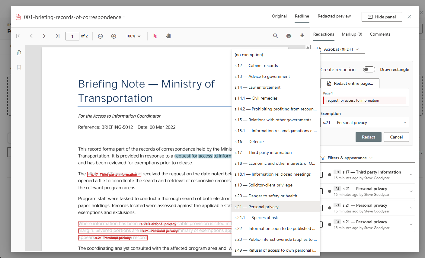 AccessPoint screenshot: Redact in the browser, tagged to exemptions