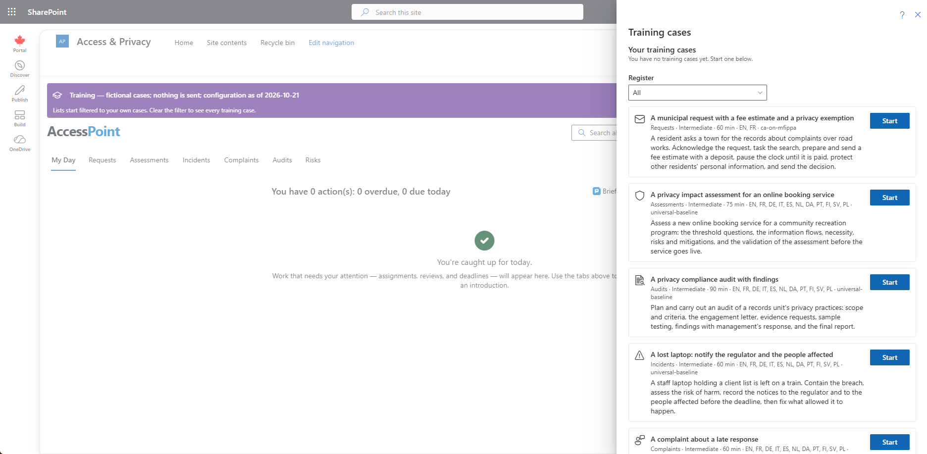 The Training cases gallery with scenarios for requests, assessments, audits, incidents and complaints