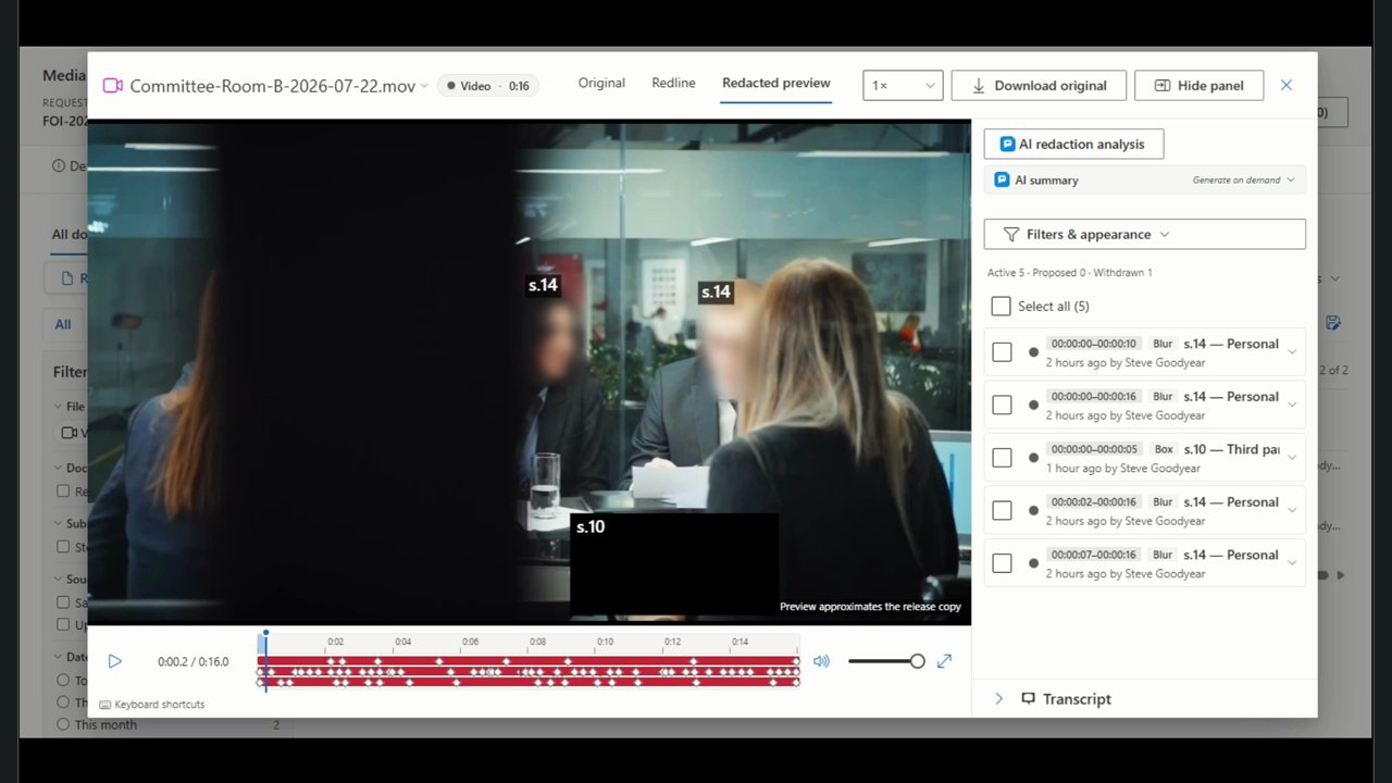 The Redacted preview of a committee room recording in AccessPoint: two faces blurred and captioned s.14, a boxed area captioned s.10, and the marks panel listing each redaction with its exemption